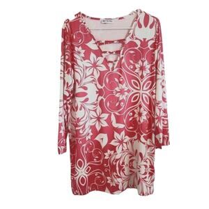 Beyond This Plane Dusty Pink White Floral Print 3/4 Sleeve V-neck Tunic Size XL